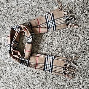 Cashmink plaid scarf, browns, red and black.